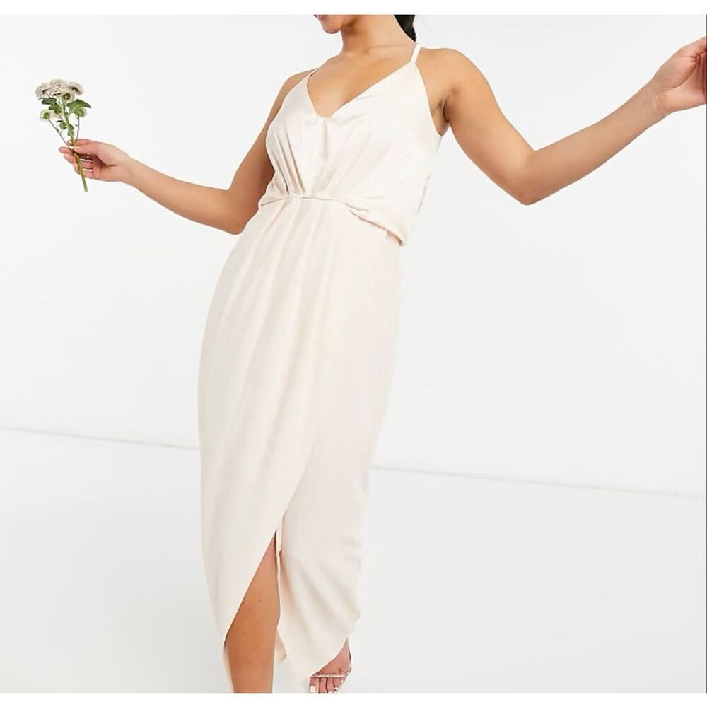 NW TFNC Petite Light Blush Bridesmaid Satin Halter Top Maxi Dress Women's 6US